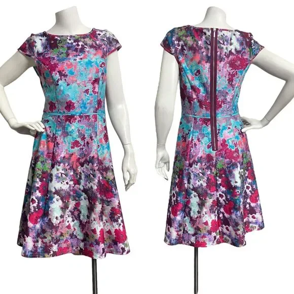 ADRIANNA PAPELL Multi Aqua Floral Scuba Womens Sz 4 Fit & Flare Cocktail Dress - Picture 1 of 10